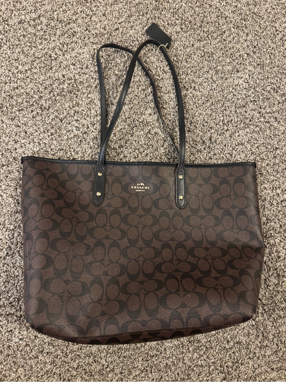 Coach Brown Signature Tote with Black Leather Straps- needs some rehab.